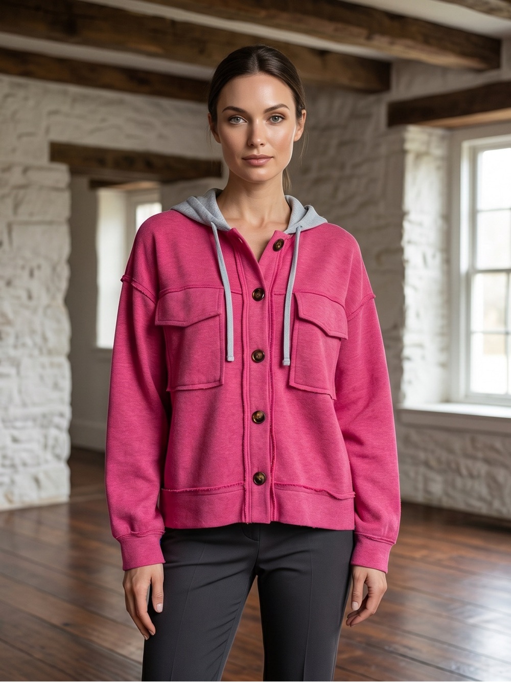 Zenana Soft & Cozy Fuchsia Jacket with Gray Hood